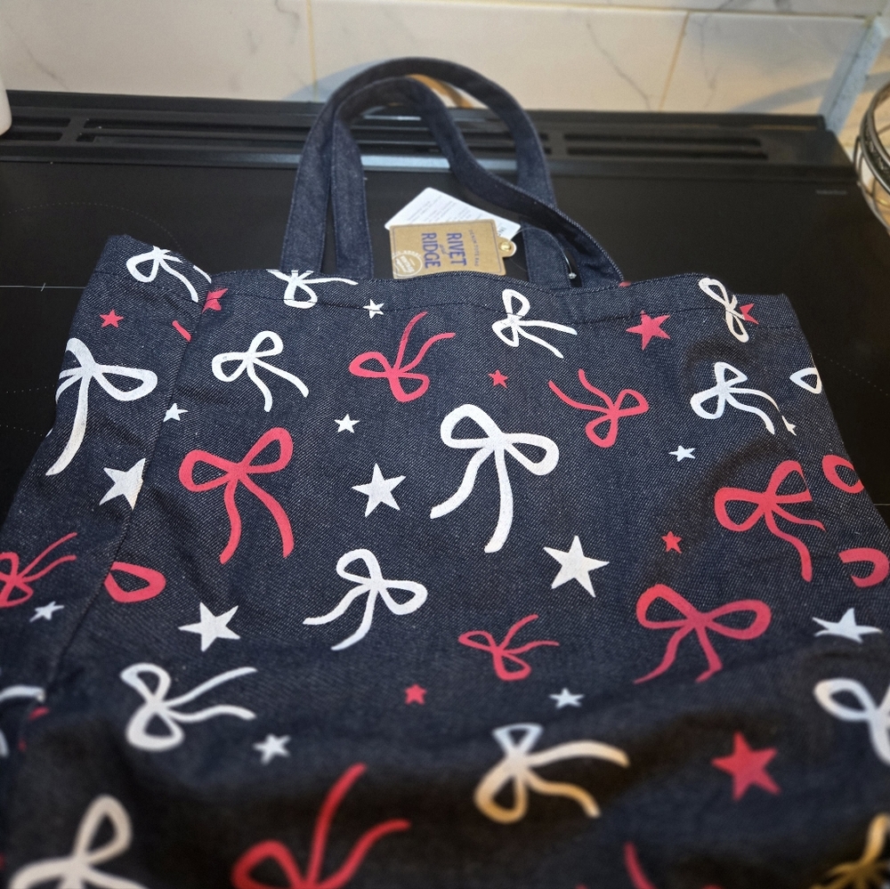 Denim Tote Bag with Red and White Bow Patterns NWT - Picture 3 of 12